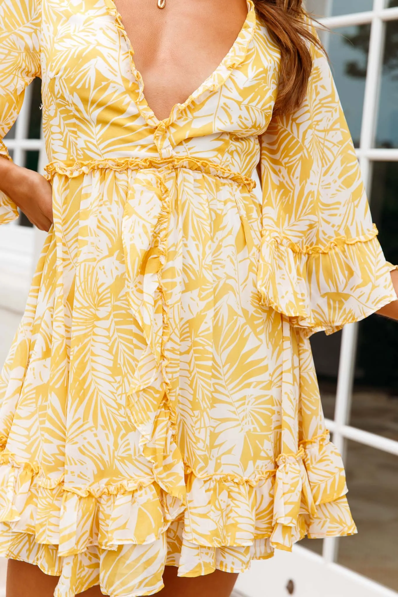 Making Me Blush Bell Sleeve Frill Trim Dress Tropical Print Yellow