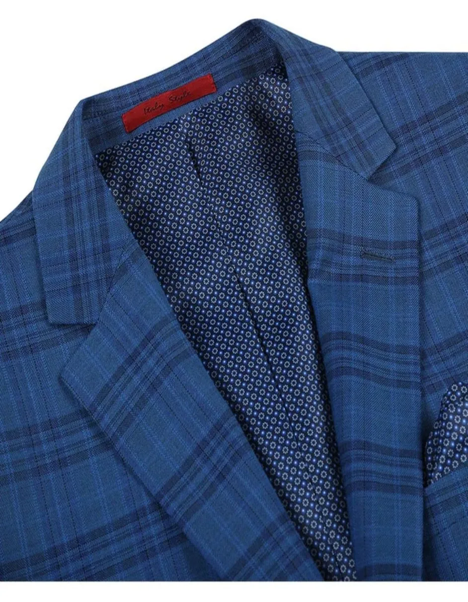 Mens Two Button Slim Fit Sport Coat Indigo Blue Windowpane Plaid Blazer