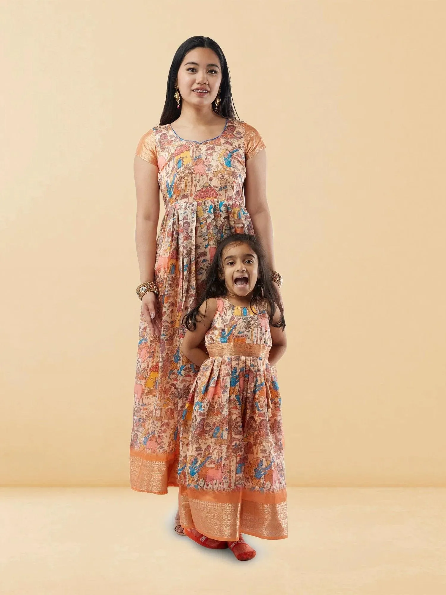 Mommy n Me - Cream Kalankari Print Length Dresses