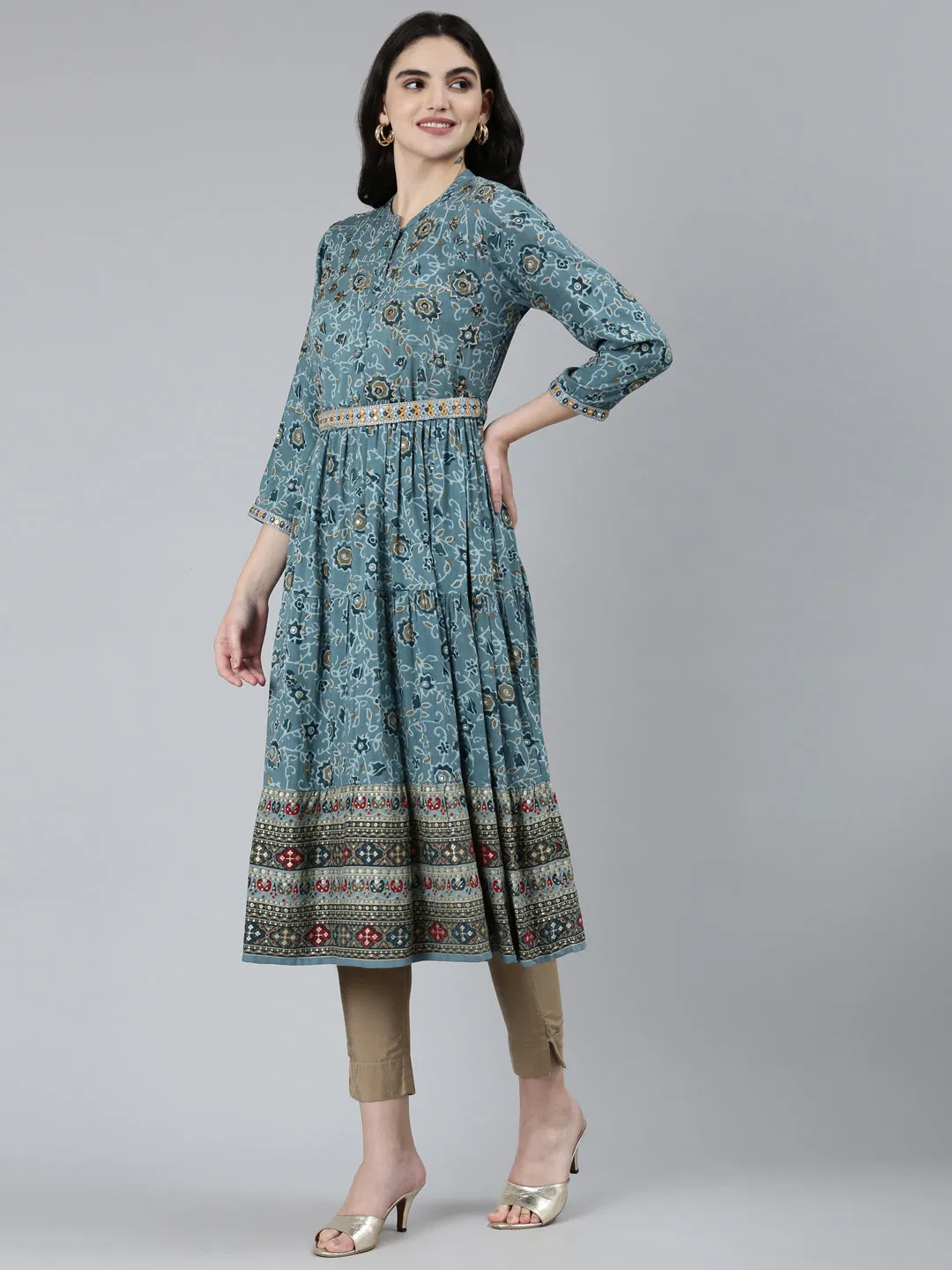 Neeru's Blue Straight Casual Floral Dresses