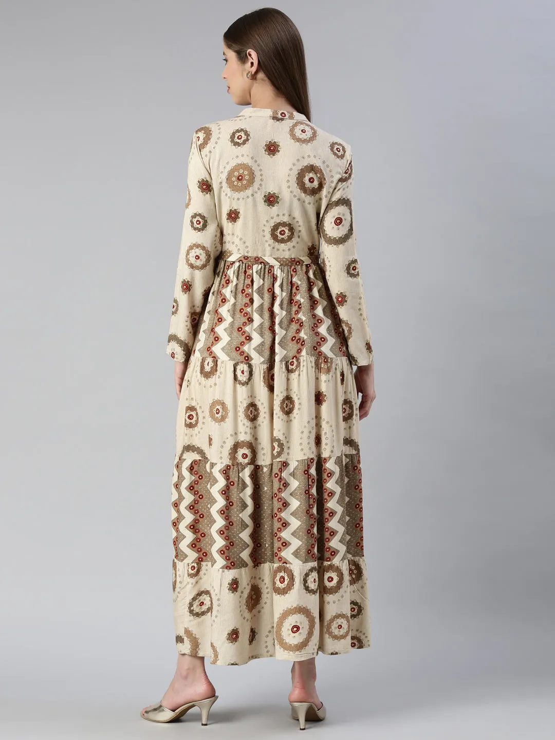 Neeru's Cream Maxi Casual Printed Dresses