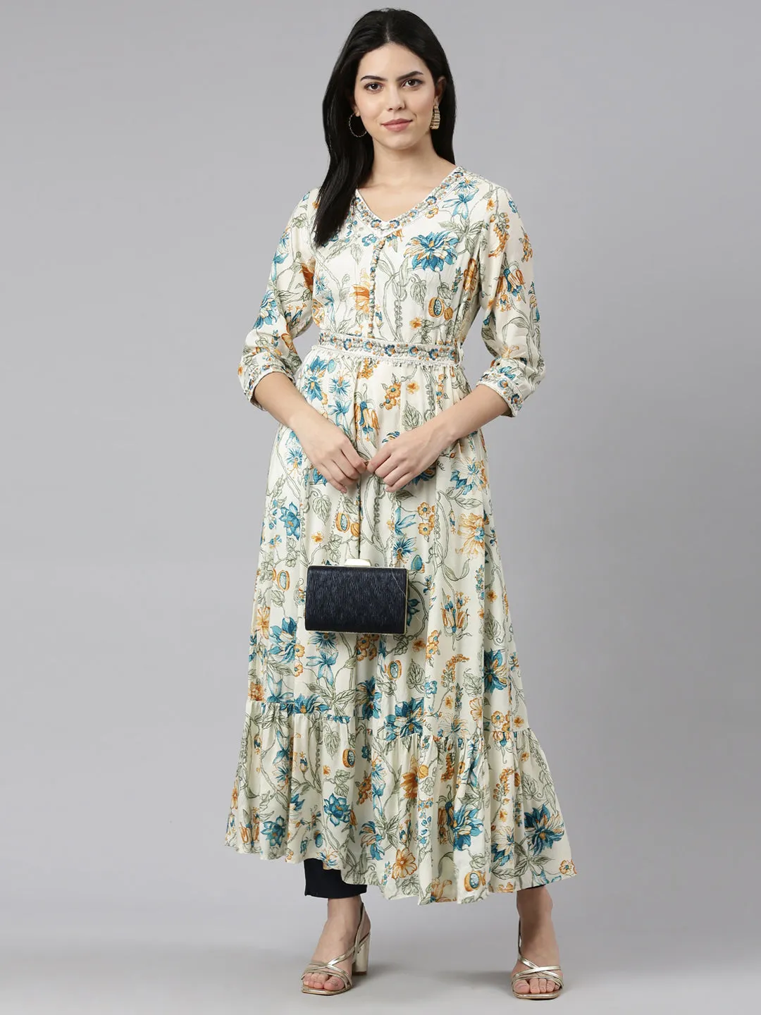 Neeru's Cream Straight Casual Printed Maxi Dresses