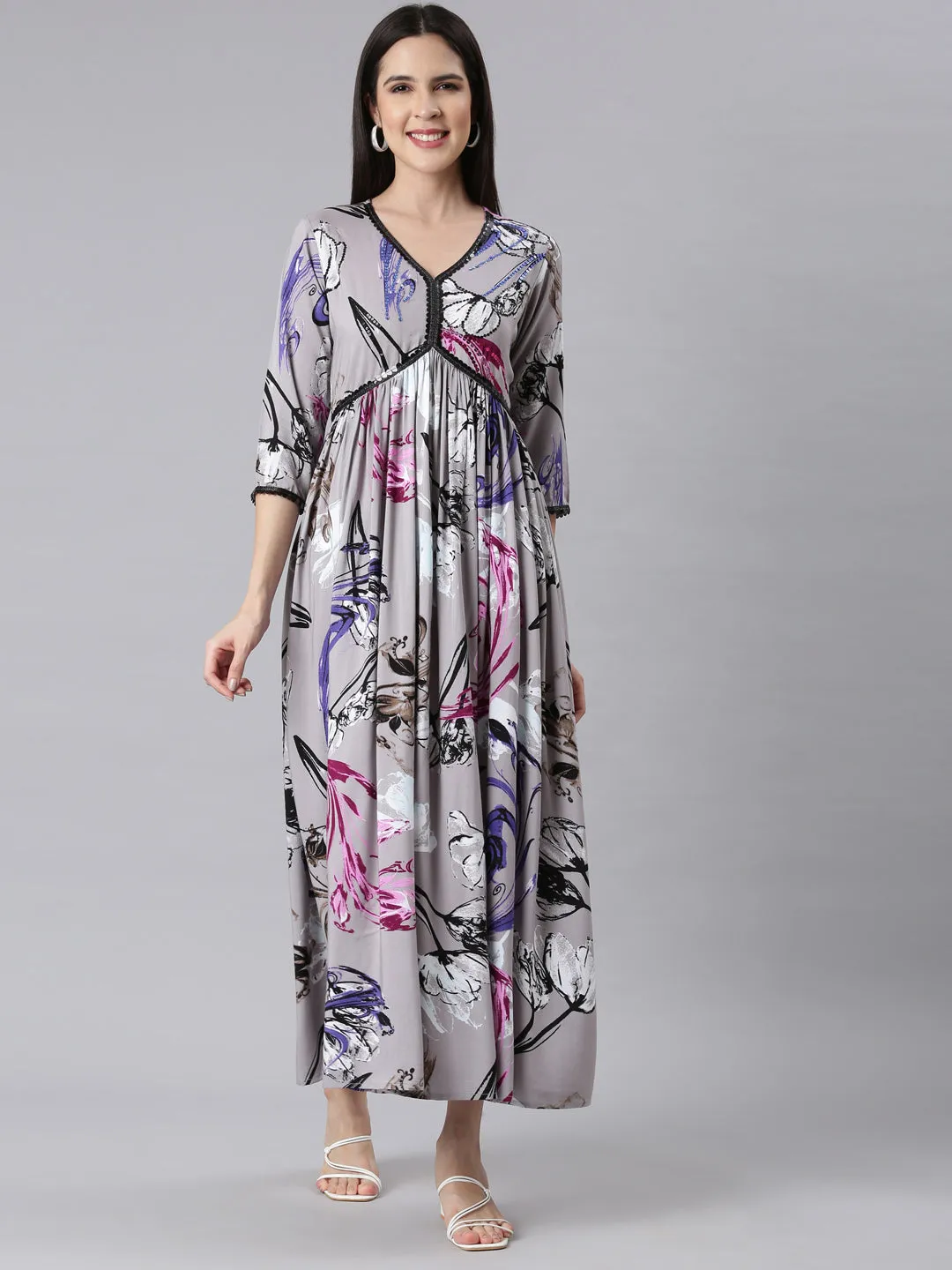 Neerus Gray Asymmetric Casual Floral Maxi Dresses