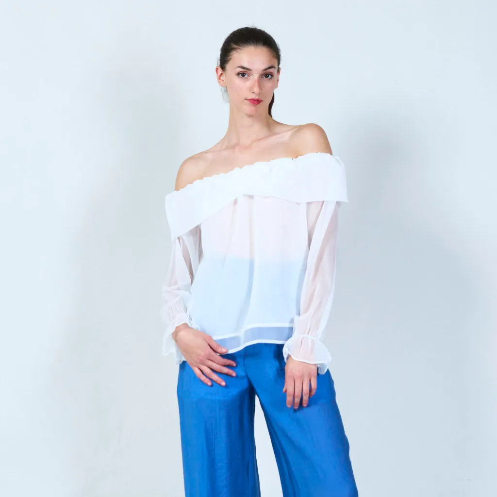 Off-shoulder ruffle sheer blouse wholesale