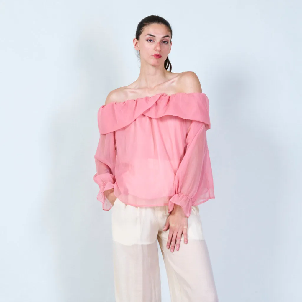 Off-shoulder ruffle sheer blouse wholesale