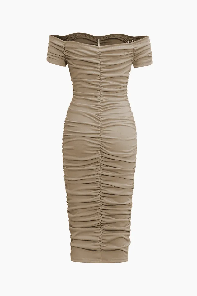 Off The Shoulder Ruched Bodycon Midi Dress