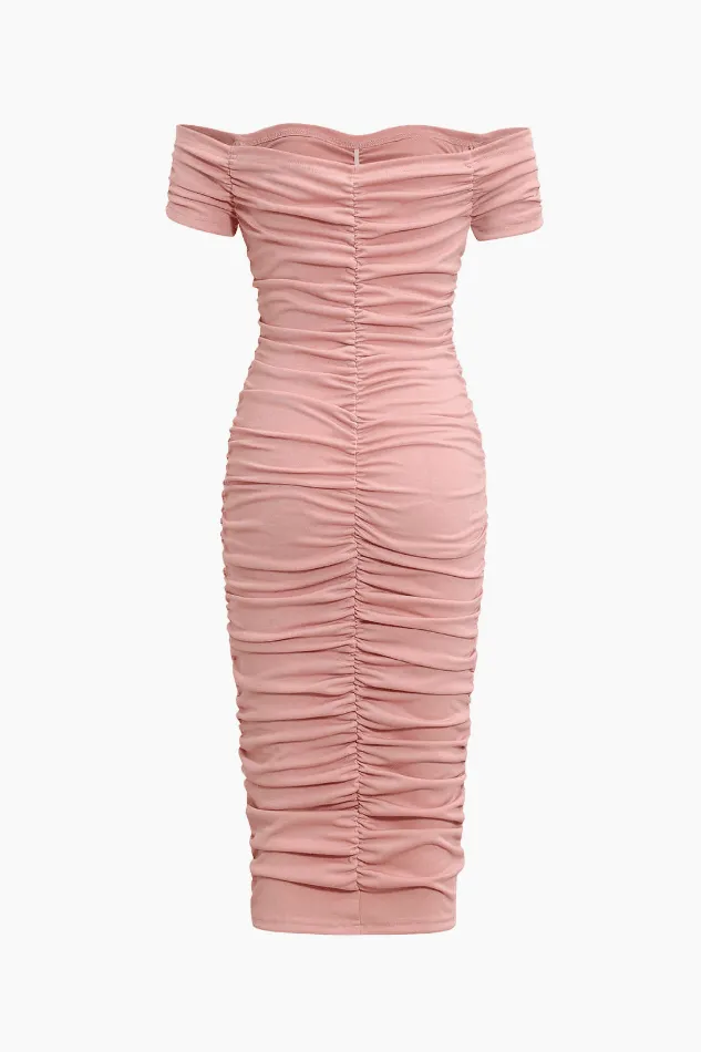 Off The Shoulder Ruched Bodycon Midi Dress