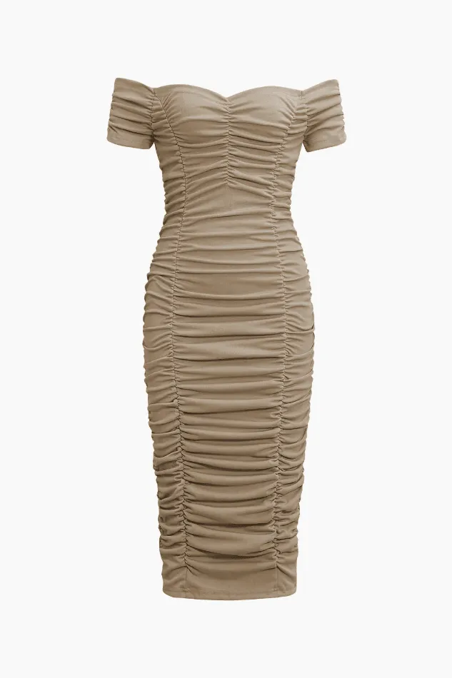 Off The Shoulder Ruched Bodycon Midi Dress