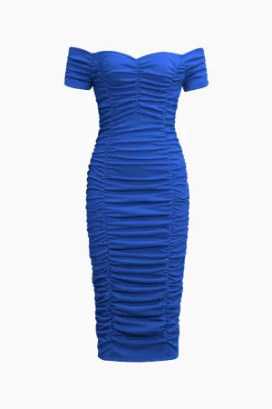 Off The Shoulder Ruched Bodycon Midi Dress