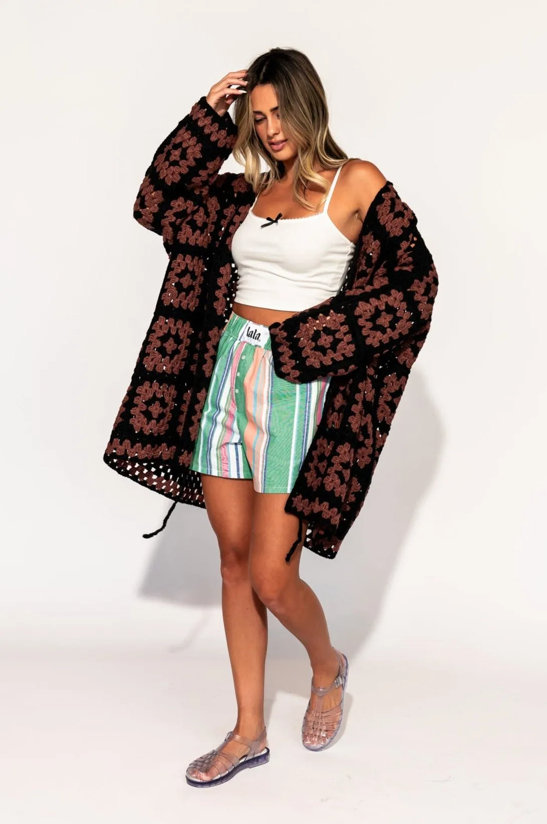 Oversized Granny Square Crochet Cardigan in Black   Brown