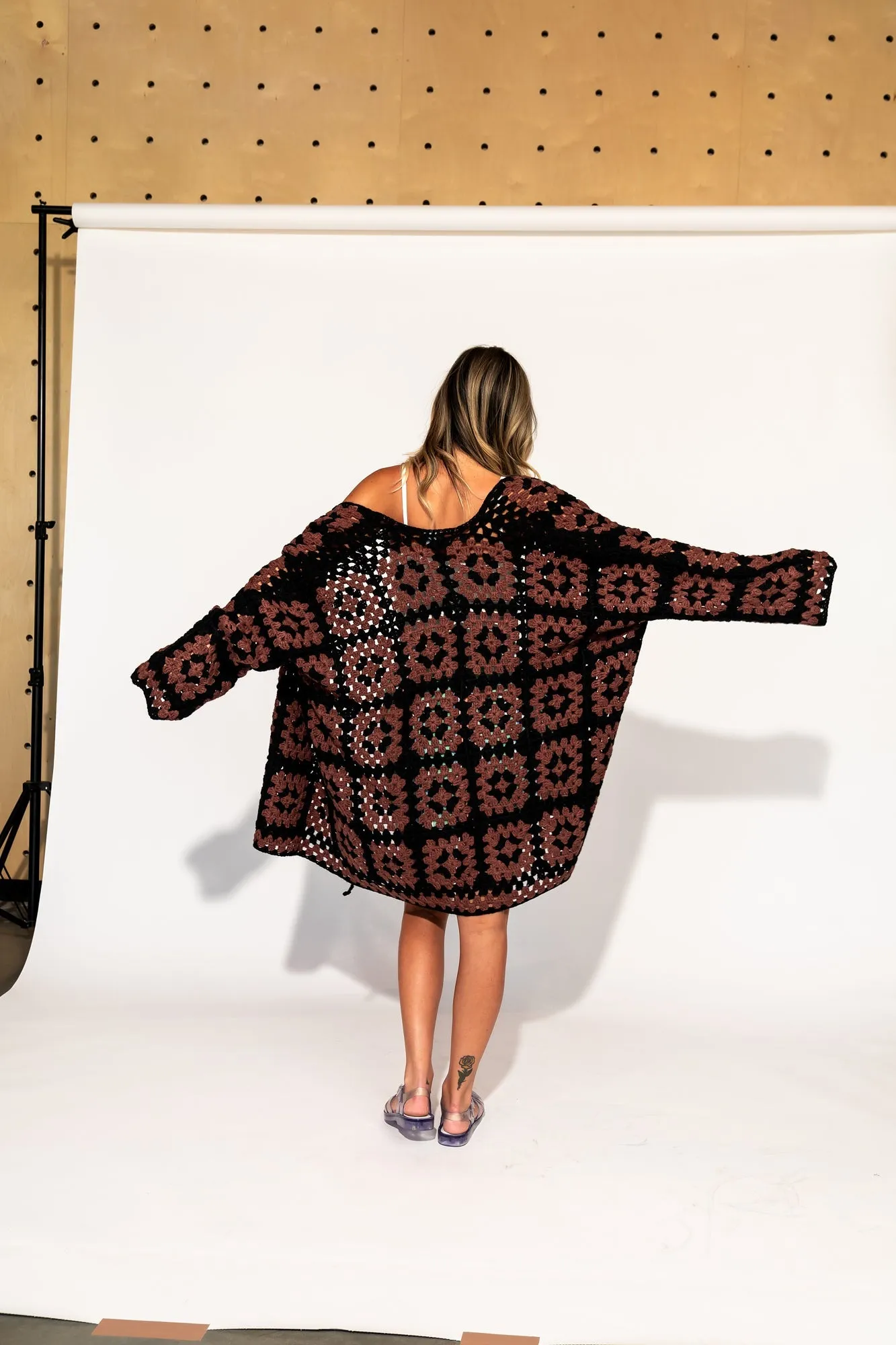 Oversized Granny Square Crochet Cardigan in Black   Brown