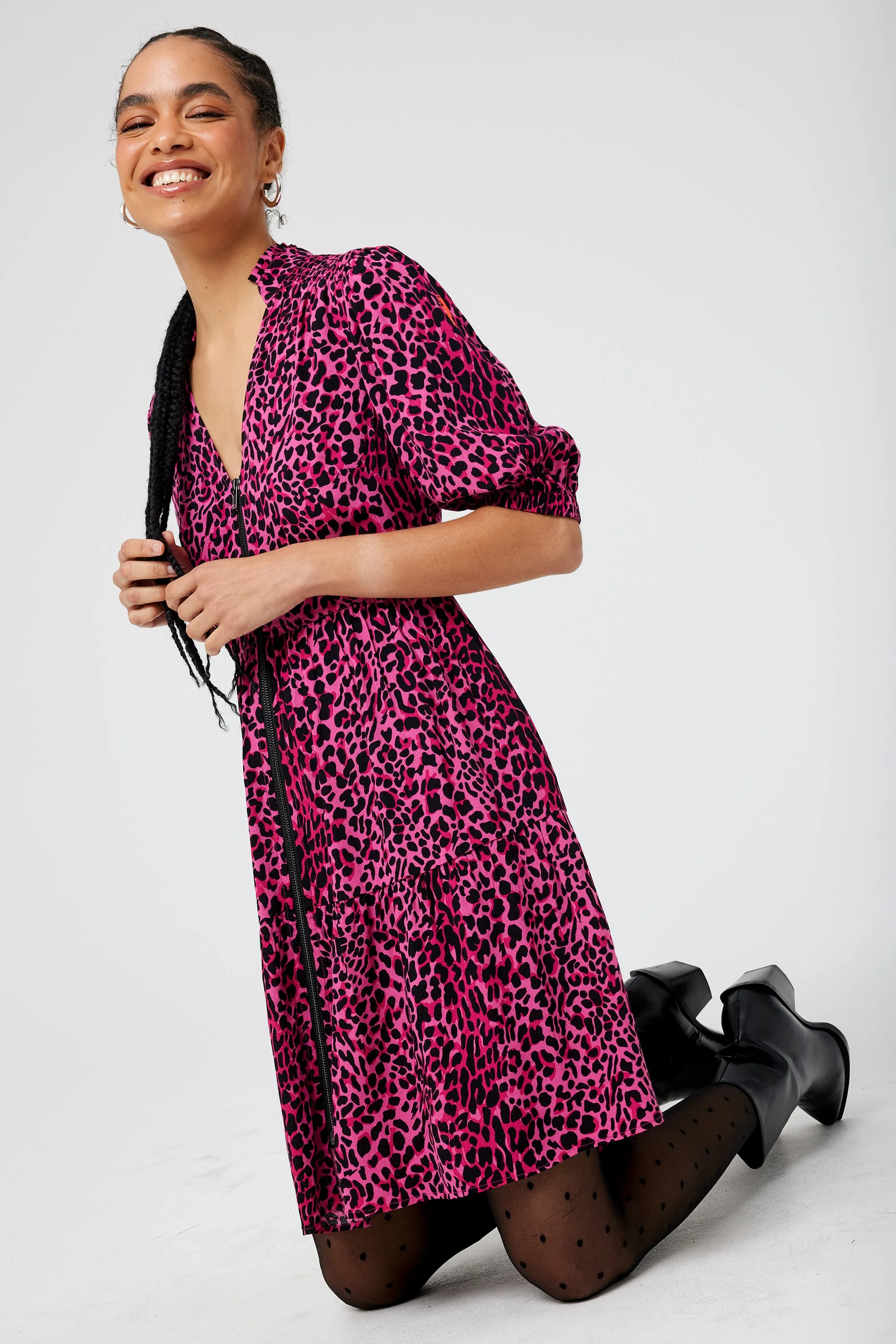 Pink with Black Wild Leopard Zip Detail Tiered Short Dress