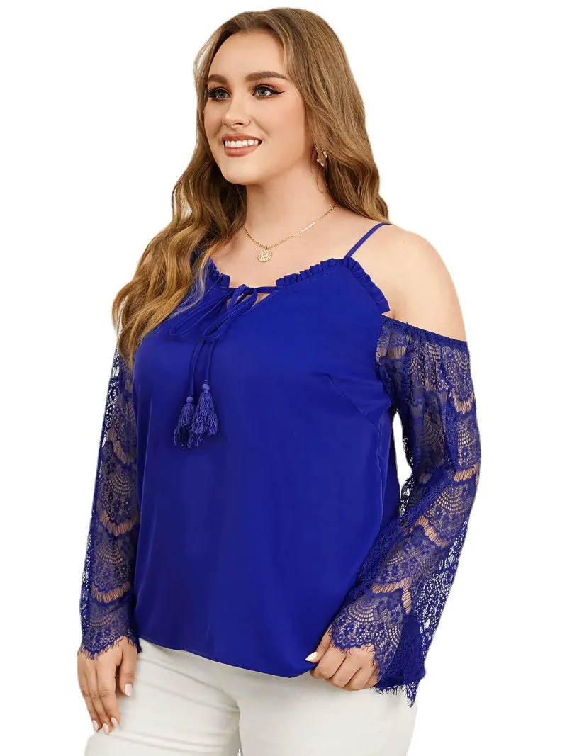 Plus Size Cold Shoulder Tassel Details Long Sleeves Blouse