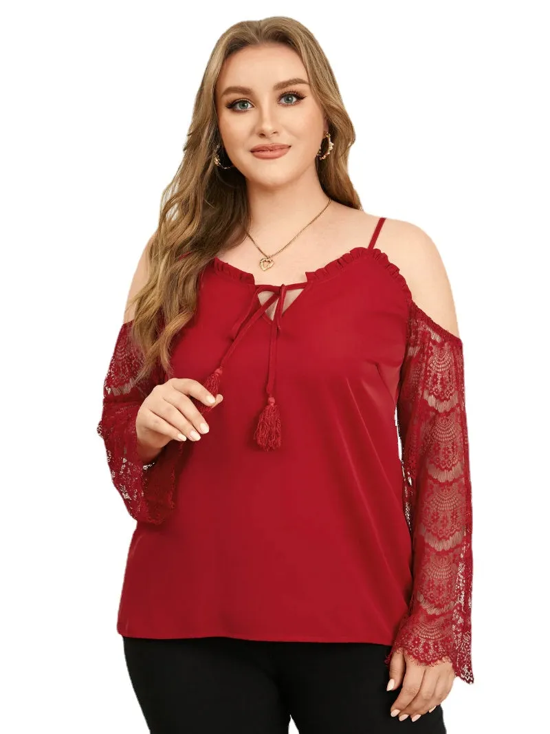 Plus Size Cold Shoulder Tassel Details Long Sleeves Blouse