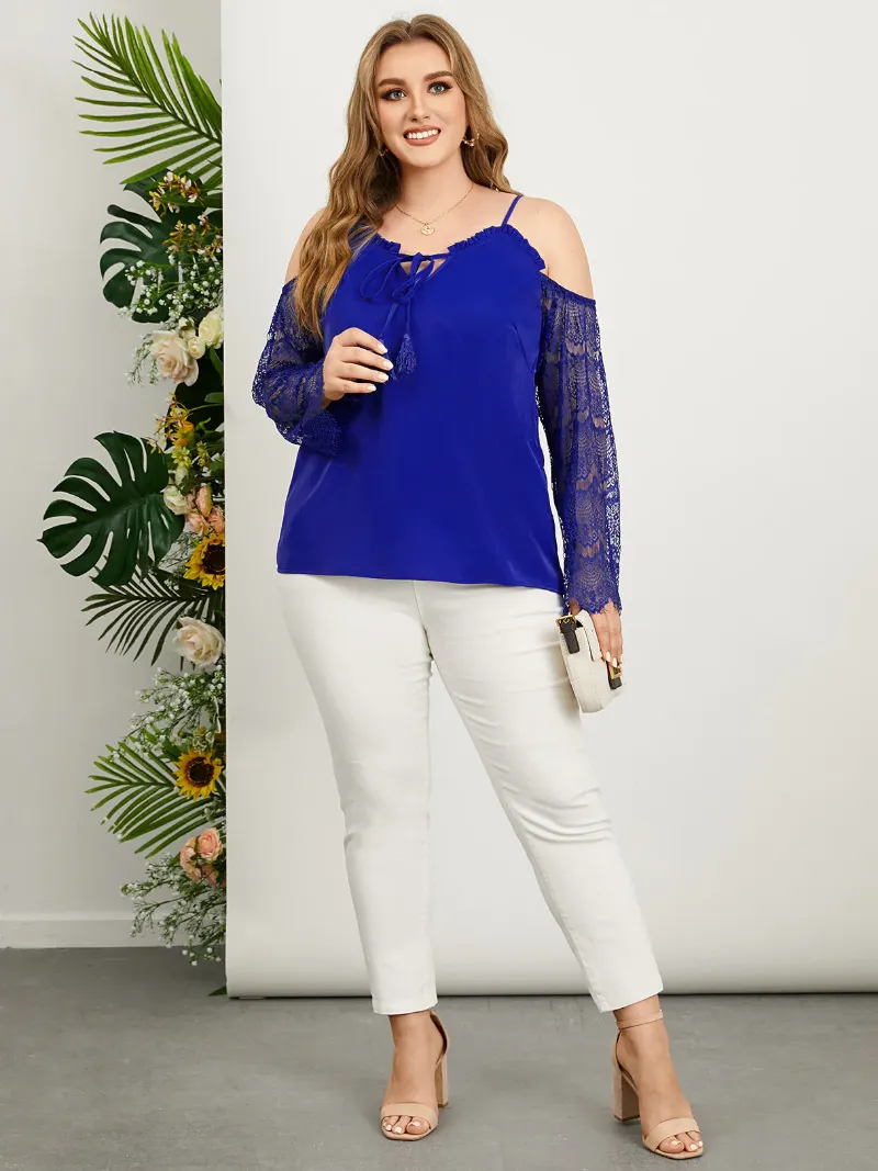 Plus Size Cold Shoulder Tassel Details Long Sleeves Blouse