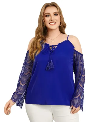 Plus Size Cold Shoulder Tassel Details Long Sleeves Blouse