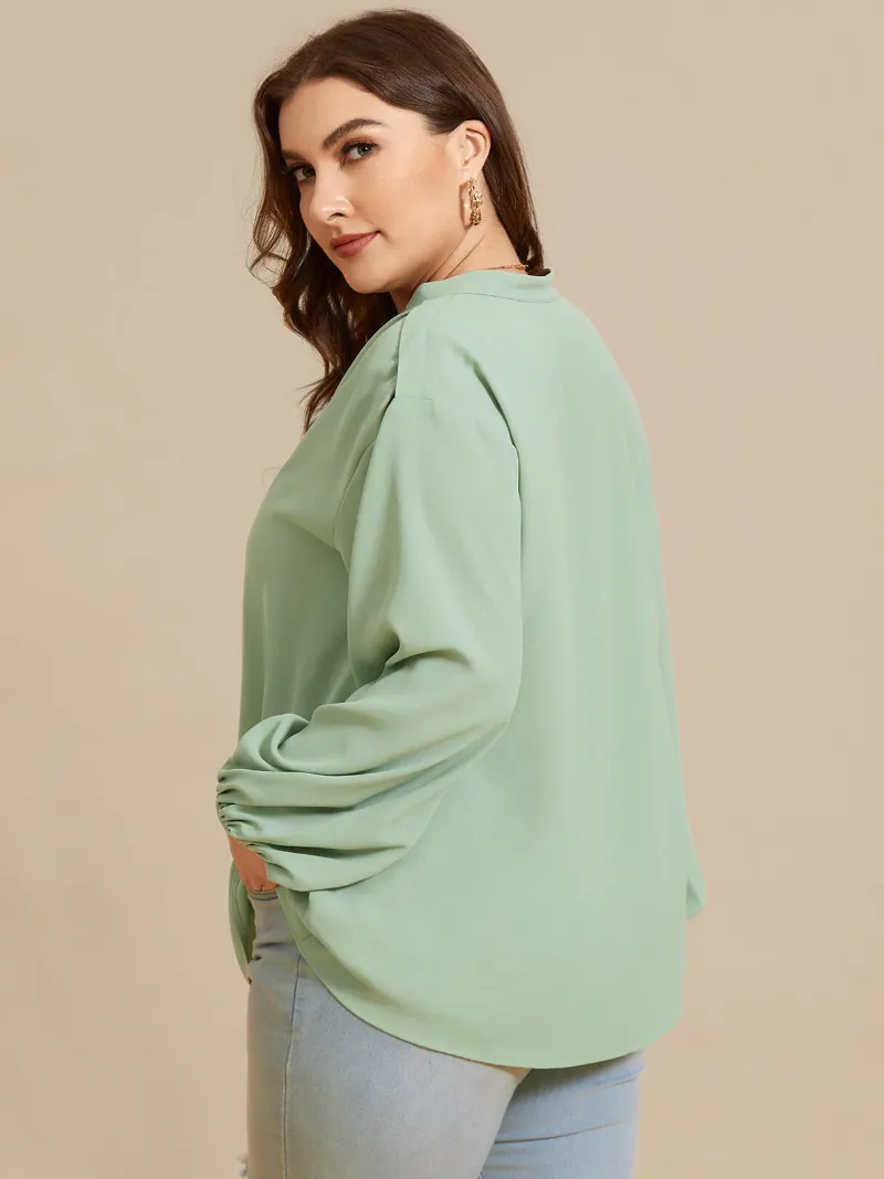 Plus Size V-neck Elastic Waist Long Sleeves Blouse