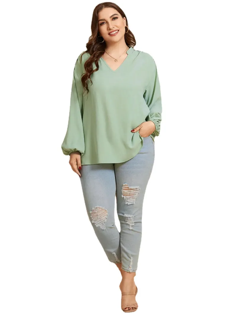 Plus Size V-neck Elastic Waist Long Sleeves Blouse