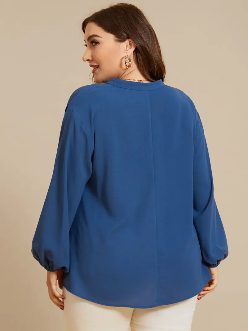 Plus Size V-neck Elastic Waist Long Sleeves Blouse