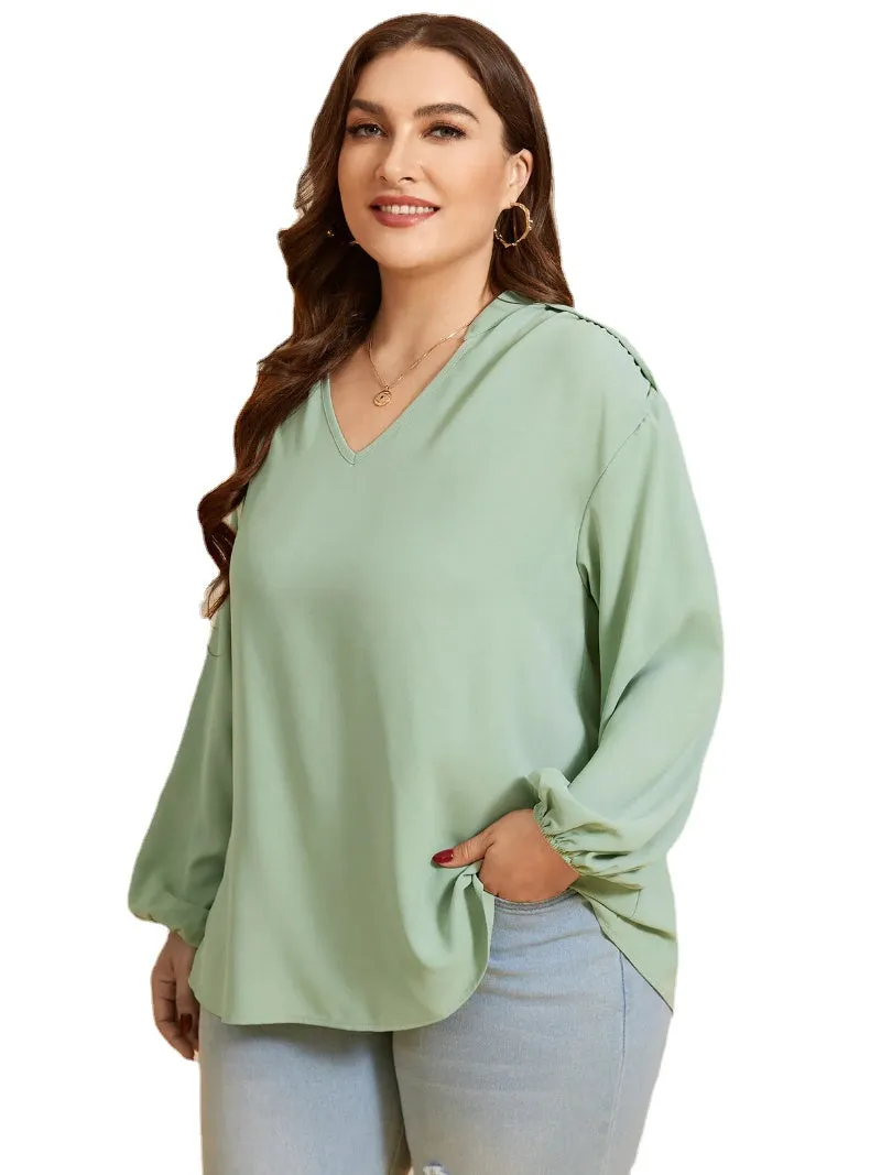 Plus Size V-neck Elastic Waist Long Sleeves Blouse