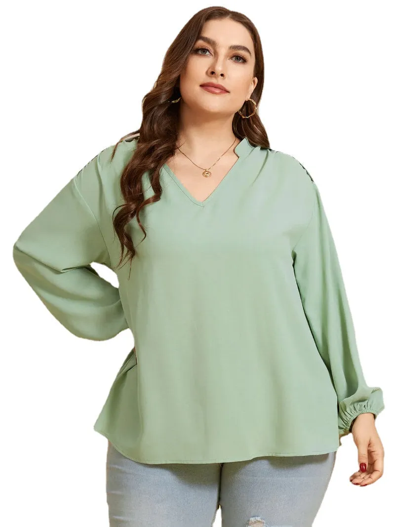 Plus Size V-neck Elastic Waist Long Sleeves Blouse