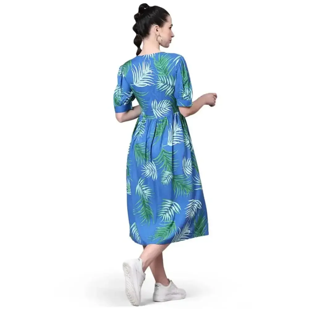 POMEGAL Stylish Midi Length Royal Blue Color Antifit Tropical Print Rayon Dobby Western Dress Puffed Sleeves for Women Latest One Piece Dress(Royal Blue)(L)