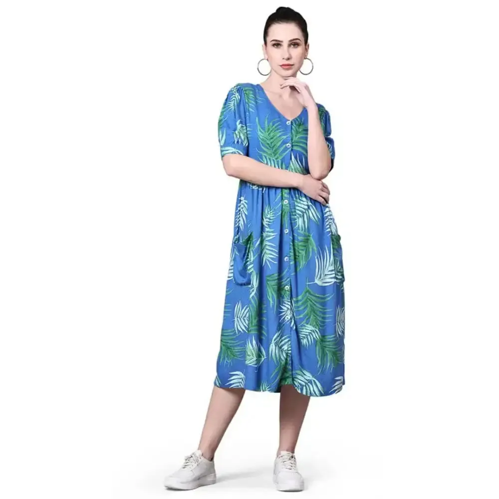 POMEGAL Stylish Midi Length Royal Blue Color Antifit Tropical Print Rayon Dobby Western Dress Puffed Sleeves for Women Latest One Piece Dress(Royal Blue)(L)