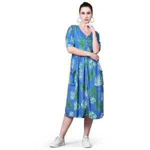 POMEGAL Stylish Midi Length Royal Blue Color Antifit Tropical Print Rayon Dobby Western Dress Puffed Sleeves for Women Latest One Piece Dress(Royal Blue)(L)