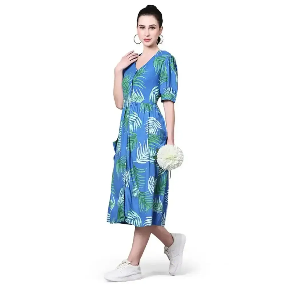 POMEGAL Stylish Midi Length Royal Blue Color Antifit Tropical Print Rayon Dobby Western Dress Puffed Sleeves for Women Latest One Piece Dress(Royal Blue)(L)