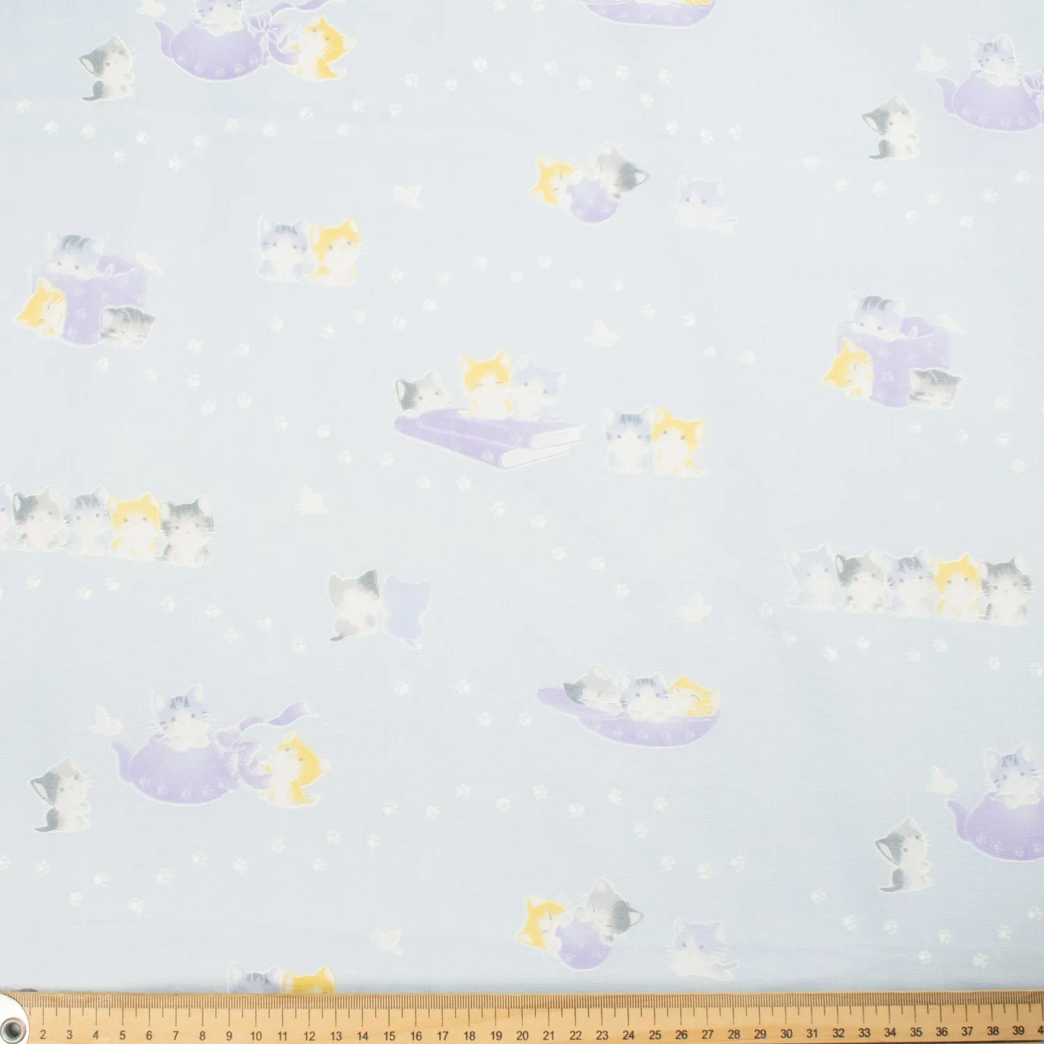 Printed Cotton Voile Design-32 Happy Kitties & Paws on Sky Blue