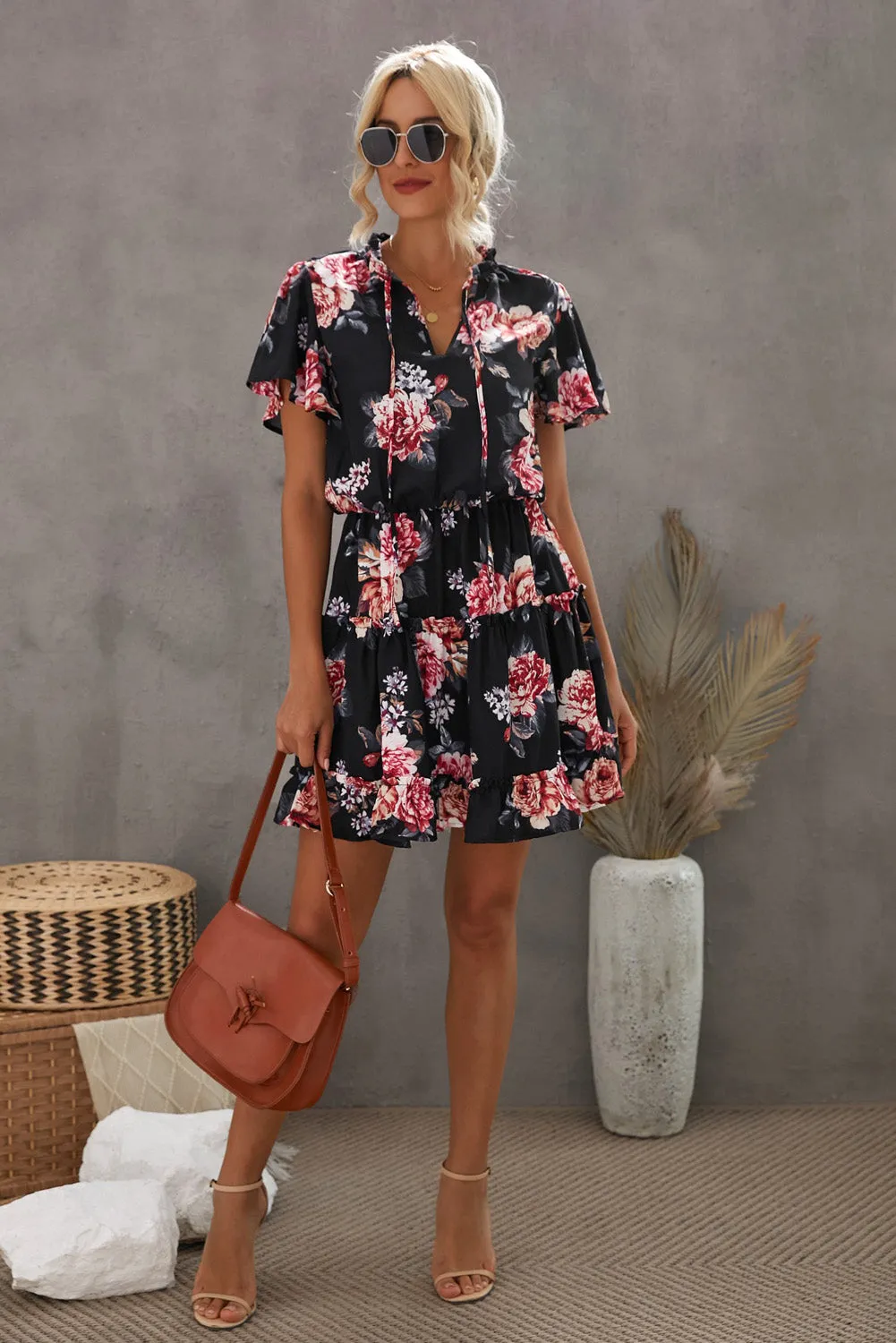 Printed Frill Trim Tie-Neck Flutter Sleeve Dress