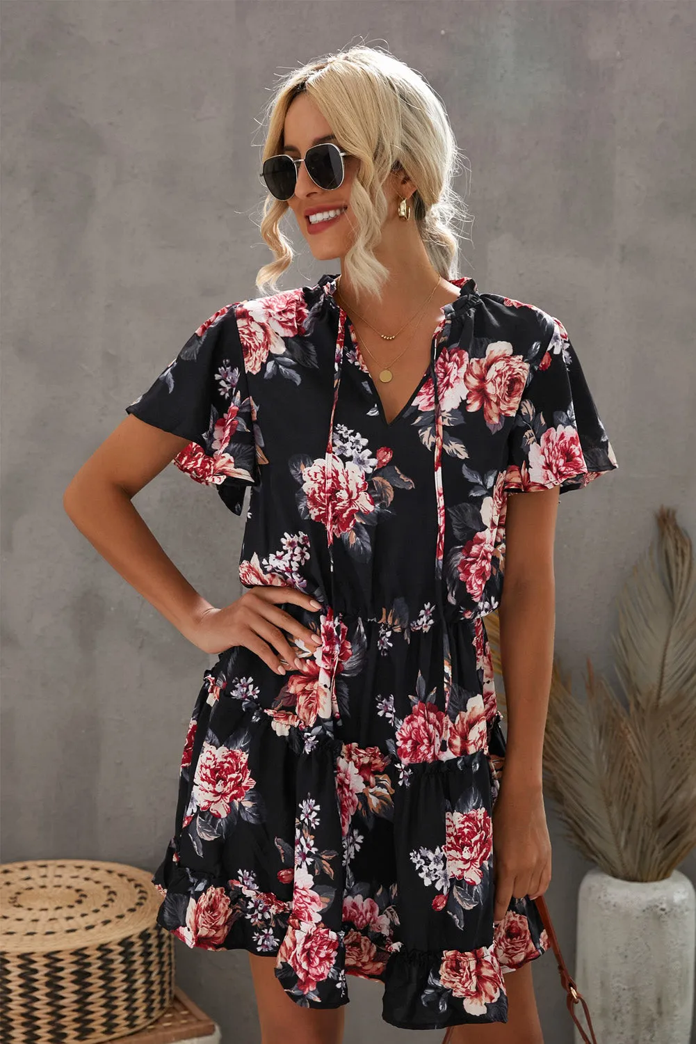 Printed Frill Trim Tie-Neck Flutter Sleeve Dress