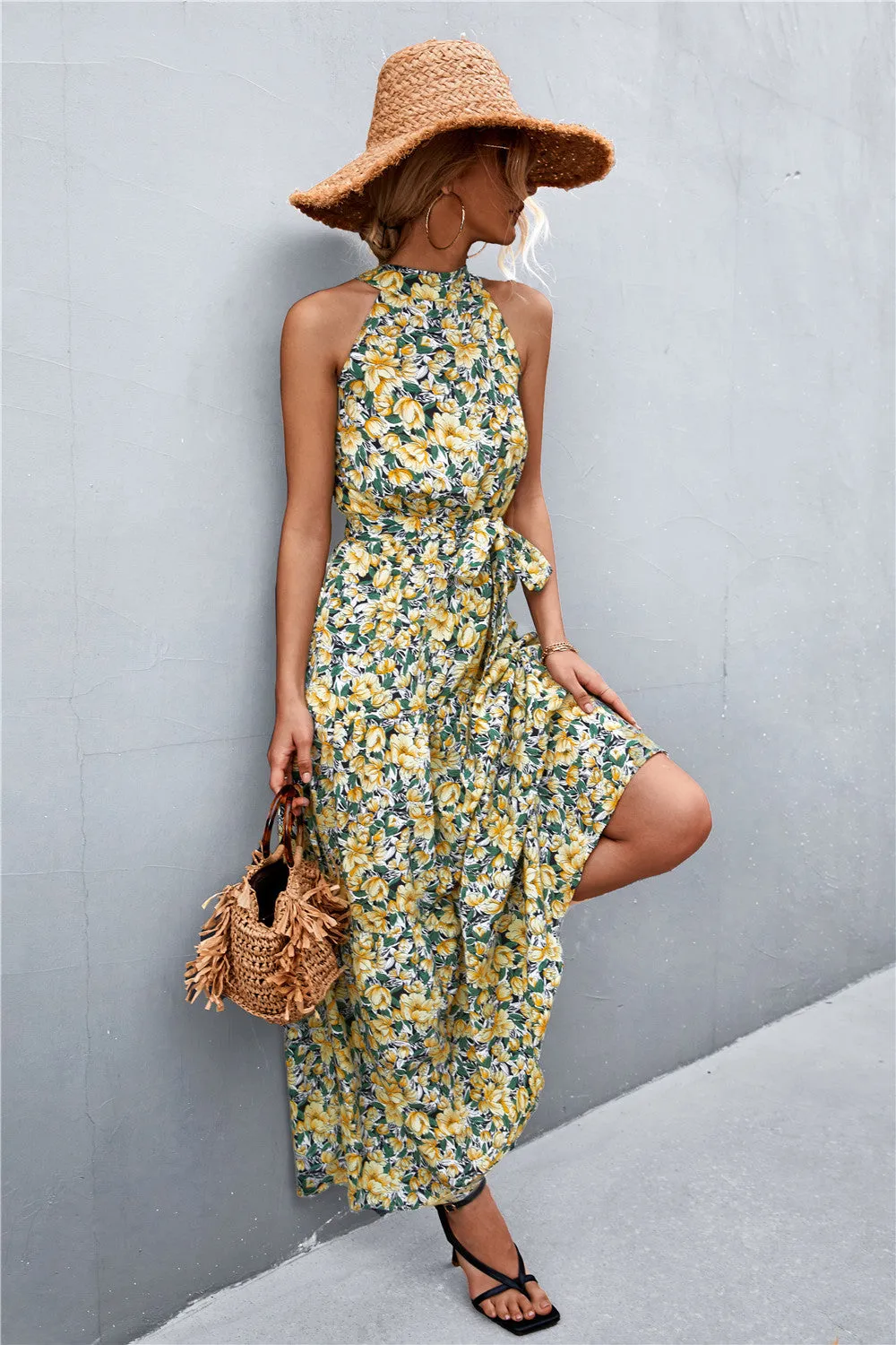 Printed Sleeveless Tie Waist Maxi Dress