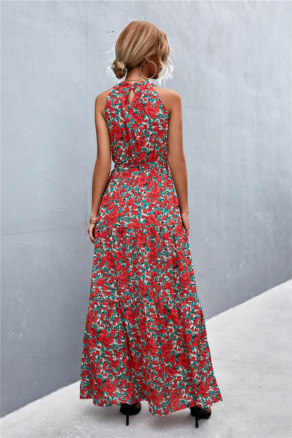 Printed Sleeveless Tie Waist Maxi Dress