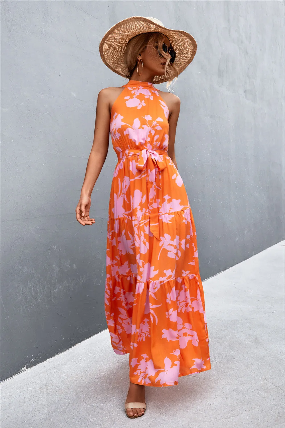 Printed Sleeveless Tie Waist Maxi Dress