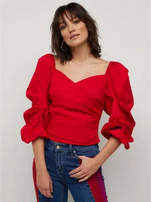 Puff-Sleeve Sweetheart-Neck Poplin Top