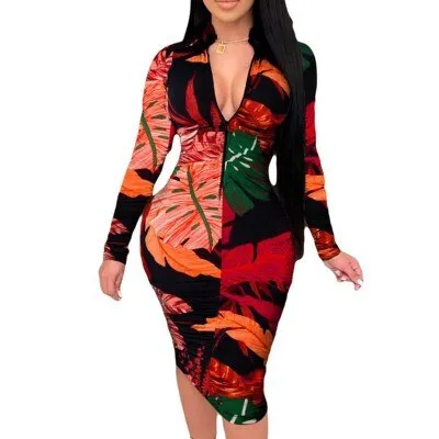 Purpdrank - Women Sexy V Neck Zipper Slim Fit Party Dress Summer Spring Vintage Print Short/Long Sleeve Bodycon Dresses Lady Casual Dresses