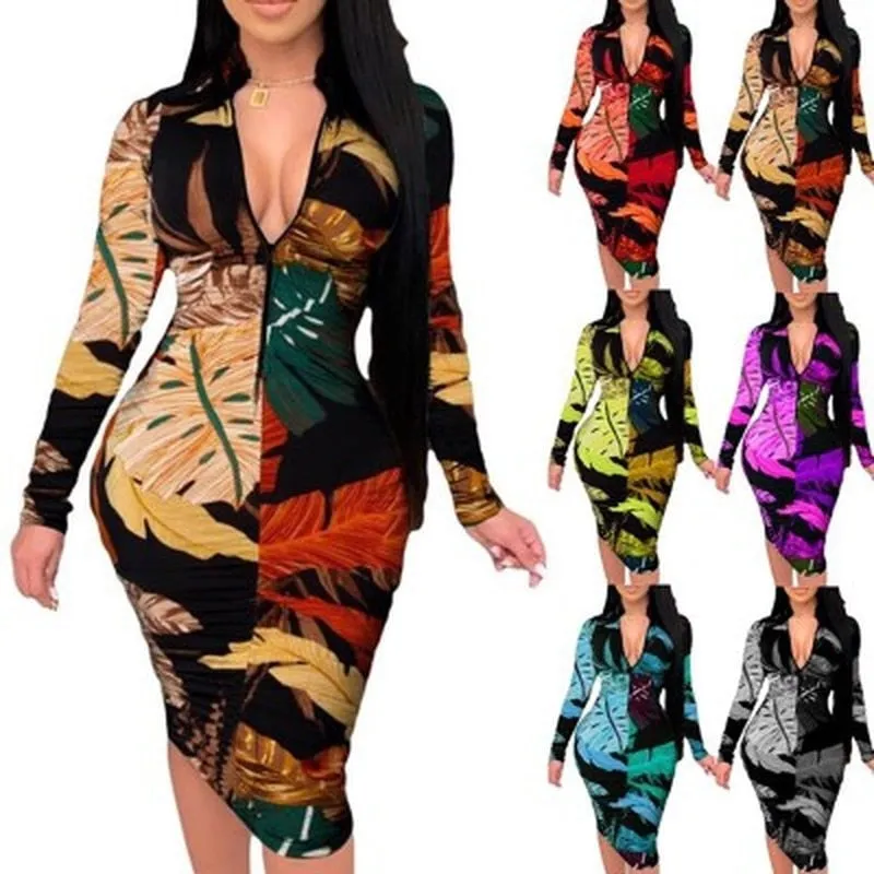 Purpdrank - Women Sexy V Neck Zipper Slim Fit Party Dress Summer Spring Vintage Print Short/Long Sleeve Bodycon Dresses Lady Casual Dresses