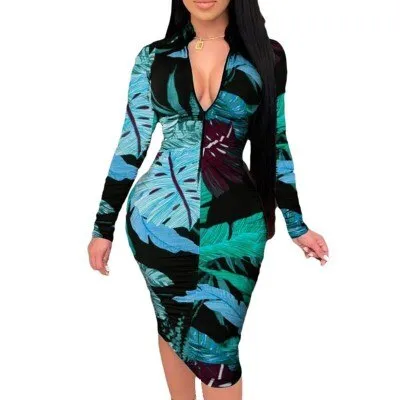 Purpdrank - Women Sexy V Neck Zipper Slim Fit Party Dress Summer Spring Vintage Print Short/Long Sleeve Bodycon Dresses Lady Casual Dresses