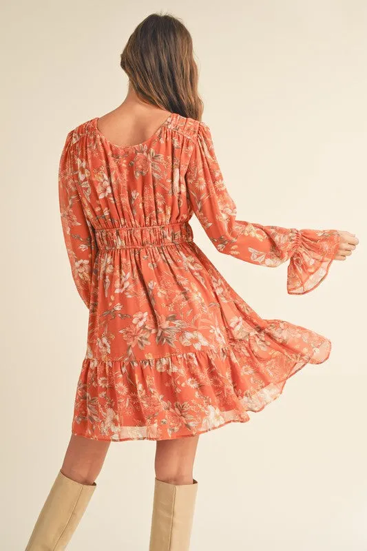 Rust Multi Floral Multi Long Puff Sleeve Tiered Mini Dress