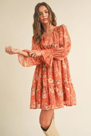 Rust Multi Floral Multi Long Puff Sleeve Tiered Mini Dress