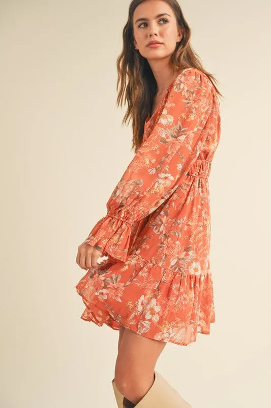 Rust Multi Floral Multi Long Puff Sleeve Tiered Mini Dress