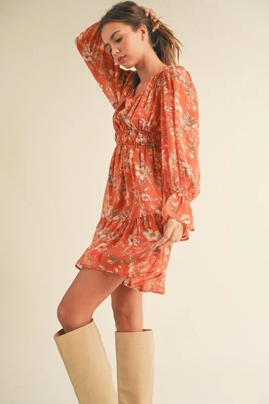 Rust Multi Floral Multi Long Puff Sleeve Tiered Mini Dress