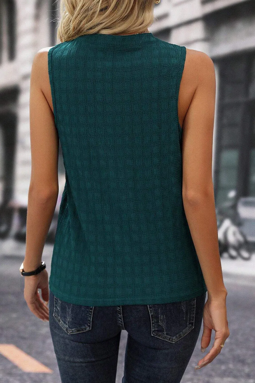 Sea Green Textured Split V Neck Sleeveless Shirt