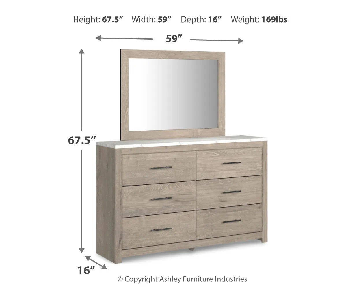 Senniberg Queen Panel Bed with Mirrored Dresser and 2 Nightstands in Light Brown/White