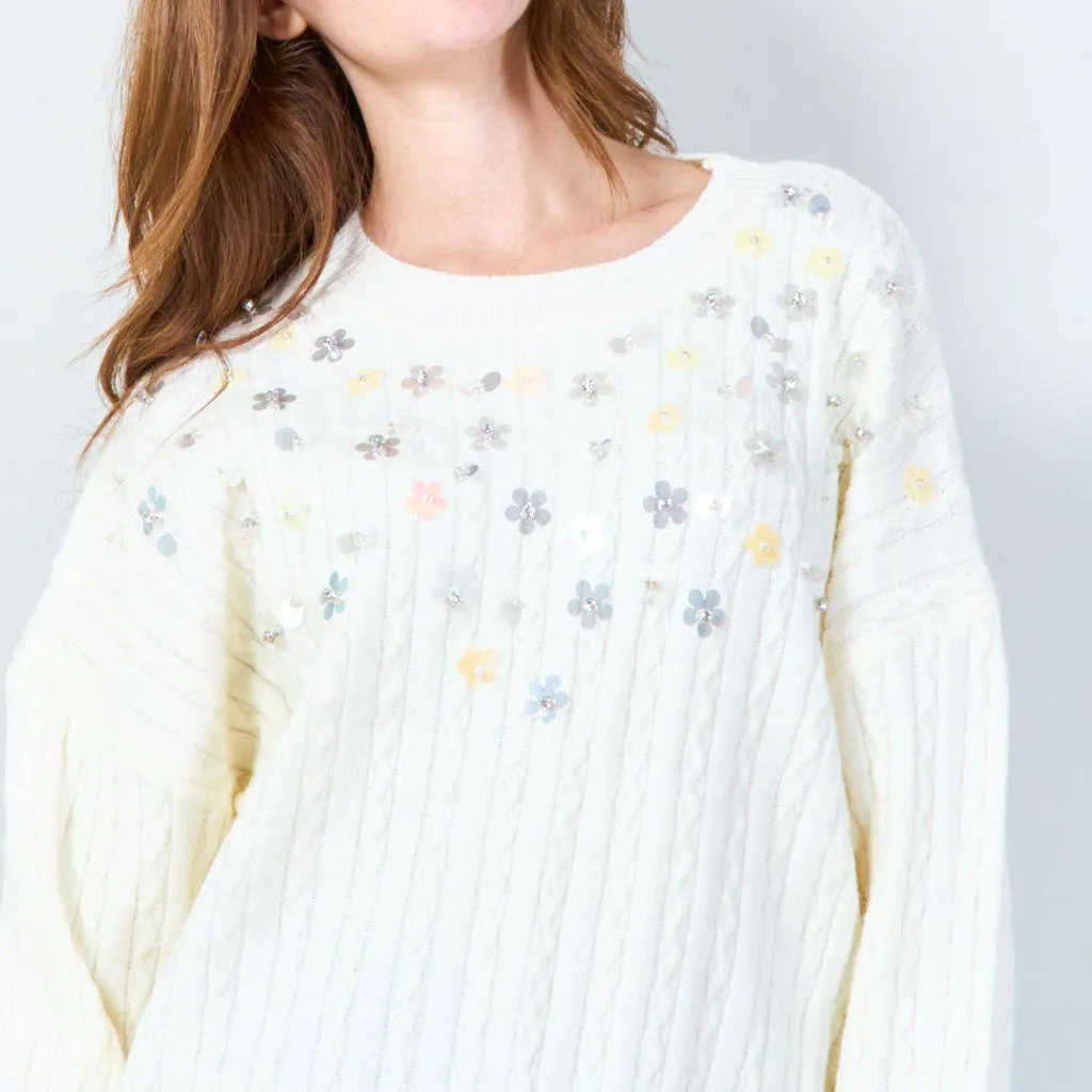 Sequin flower embellished sweater wholesale