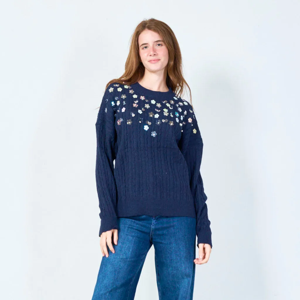 Sequin flower embellished sweater wholesale