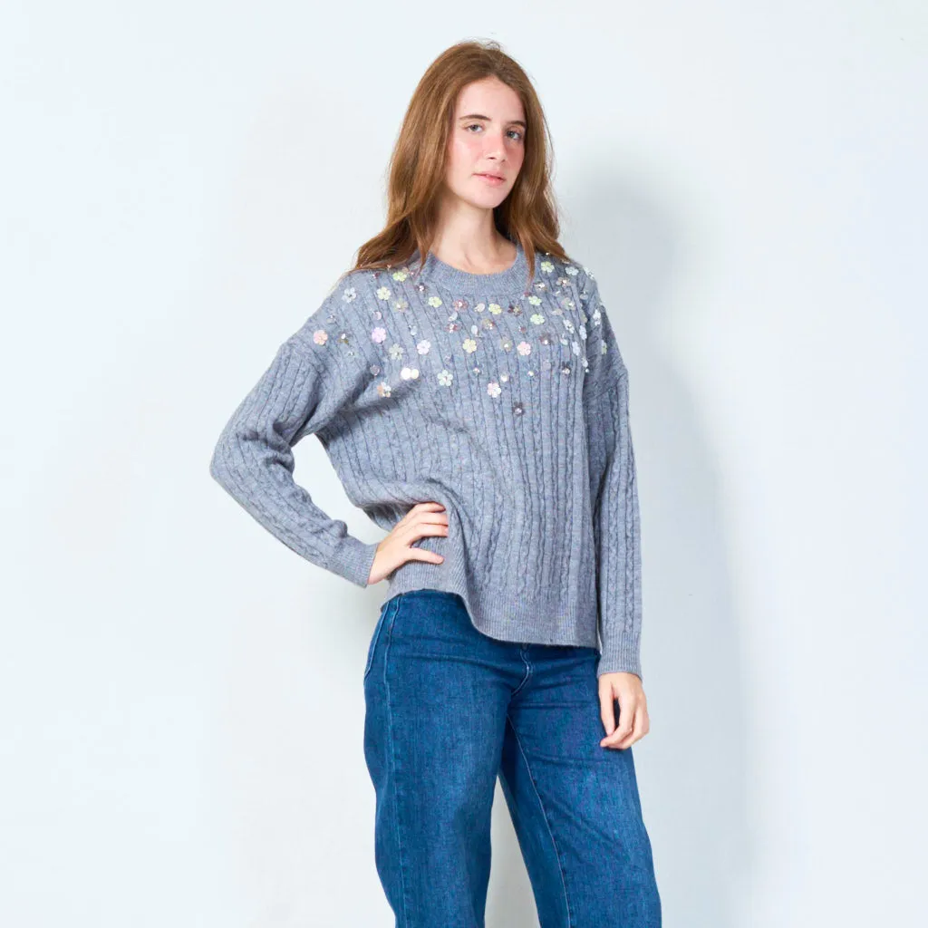 Sequin flower embellished sweater wholesale