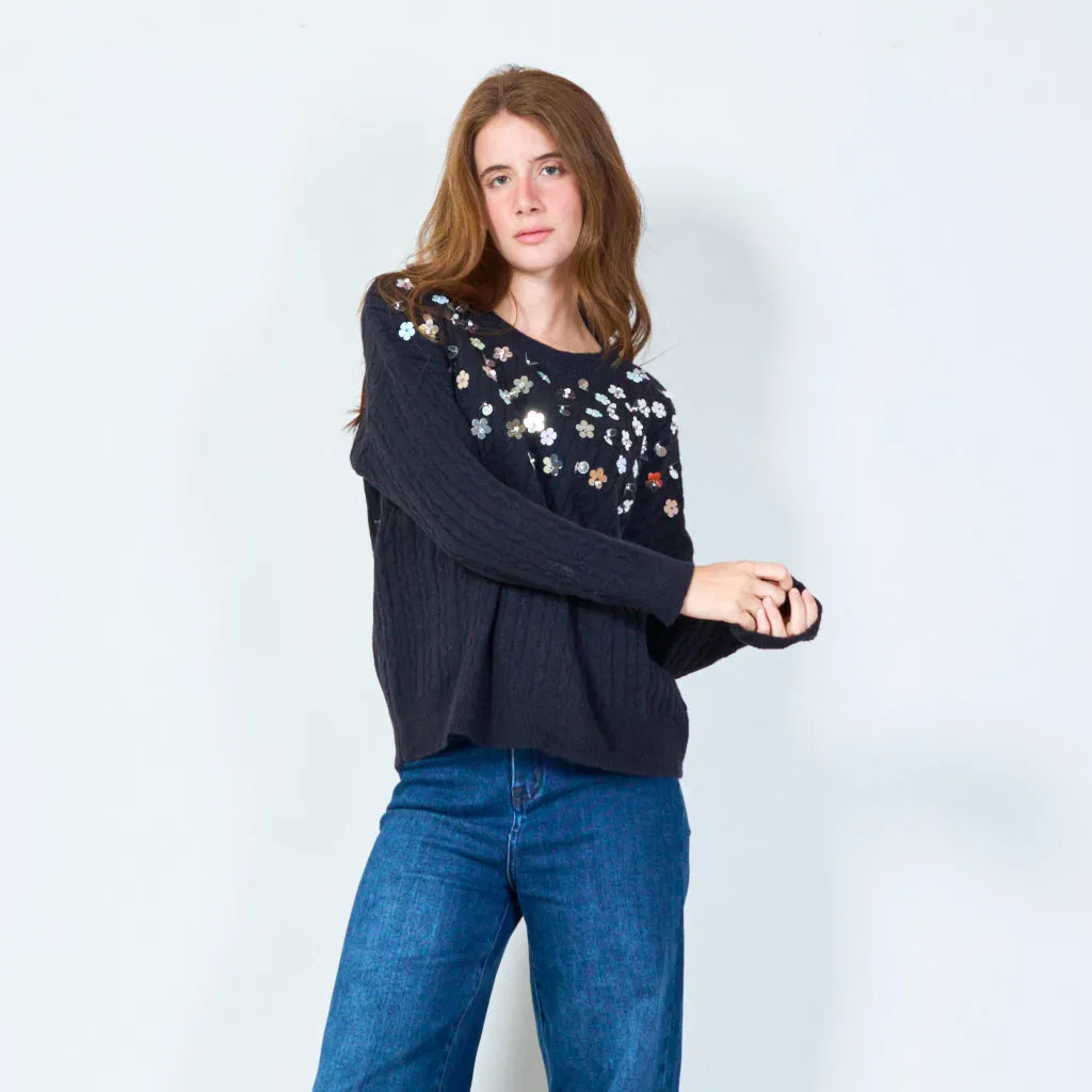 Sequin flower embellished sweater wholesale