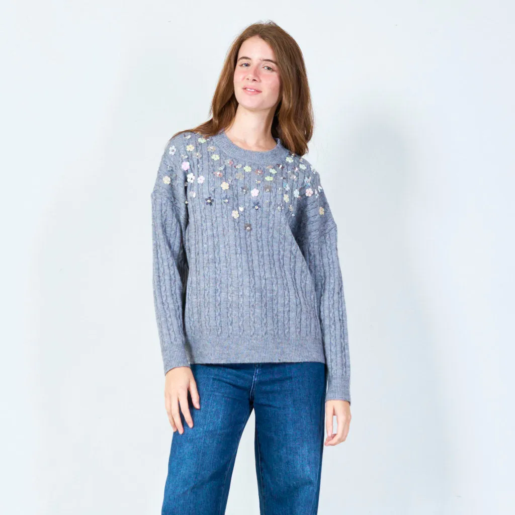 Sequin flower embellished sweater wholesale